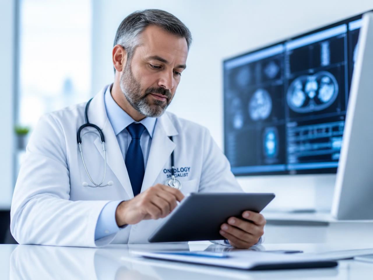 Médico oncologista acompanhando dados de pacientes em imunoterapia em um tablet